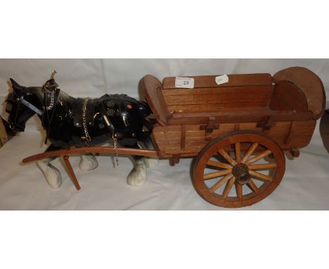 Ceramic shire horse and wood cart 