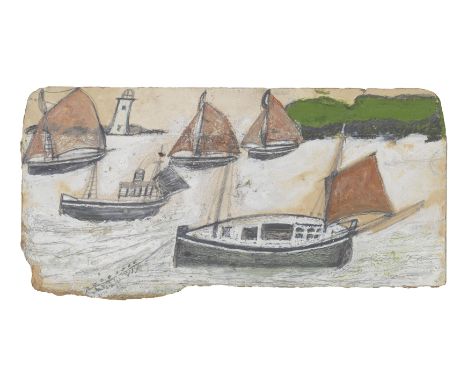 Alfred Wallis (British, 1855-1942)Boats with Rust Sails oil and pencil on card11.2 x 22.4 cm. (4 3/8 x 8 3/4 in.)Footnotes:Pr