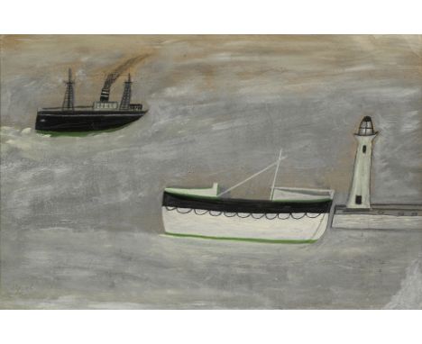 Alfred Wallis (British, 1855-1942)Steamer, Lifeboat and Lighthouse indistinctly signed 'alfred/wallis' (lower left), further 