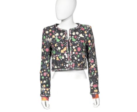 Multi-Colour Paint Splatter Cropped Jacket,Chanel, Spring 2015, Navy cotton boucle with multi-colour paint splatters, silk cu