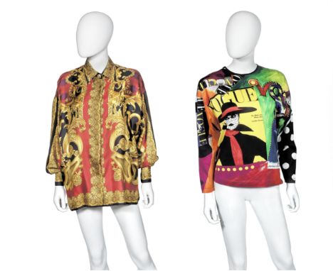 Vogue Print Top,Gianni Versace Couture, c. 1991,Stretch cotton with Vogue design, together with a red and gold silk Gianni Ve