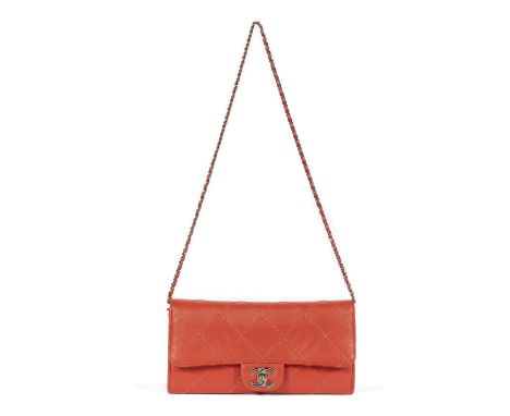 Coral Ultimate Stitch East West Wallet on Chain,Chanel, c. 2010-11,Coral calfskin with diamond stitch design, silver tone har