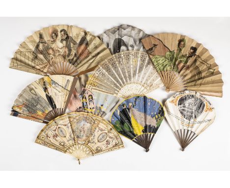 *Fans. A pair of advertising fans by Georges Redon, early 20th century,  two chromolithographed folding paper fans, one depic