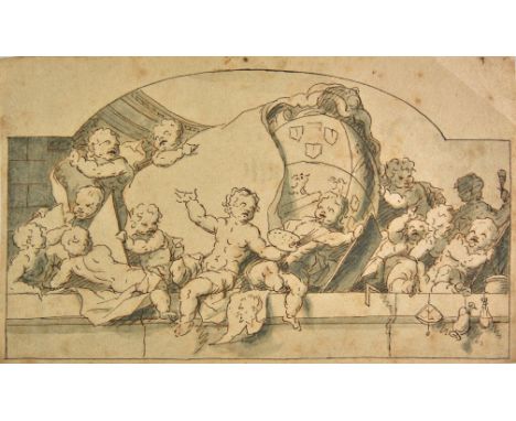 *Italian School. Design for a Ceiling Decoration, early 18th century,  pen, brown ink and grey wash on laid paper, of a group