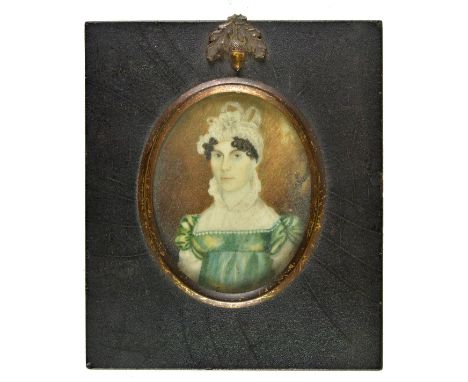 *Miniature. Portrait of a Regency Lady, 1818,  oval watercolour on ivory, half-length portrait of a lady wearing a high-waist