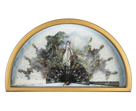 *Fans. A Spanish hand-painted fan, by Carmen Monreal, Valencia, mid-late 20th century,  folding fan, the fabric leaf and pier