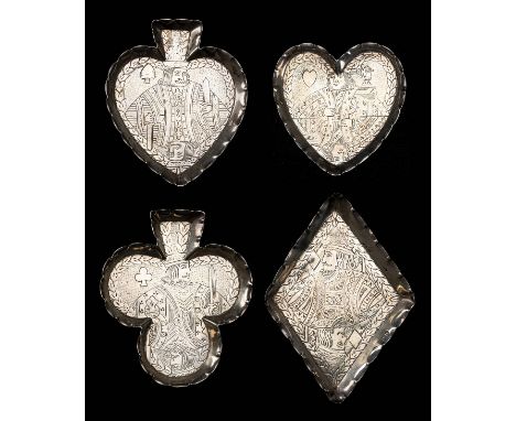 *Silver Dishes. Set of four Victorian playing card silver dishes by Samuel Jacob, London 1901,  each in the form of Clubs, Di