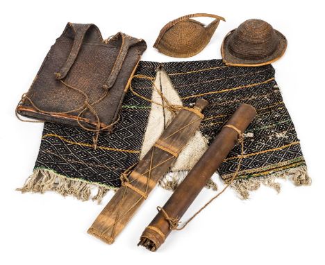 *Naga Apatani. Naga tribe items,  comprising a Yatee hat, a Bopa hat, Apatani tribe quiver and arrows plus machete in its woo