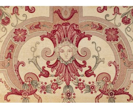 *Fabric panel. A large Italianate fabric panel, early 20th century,  printed linen panel, in shades of pink and green on a cr