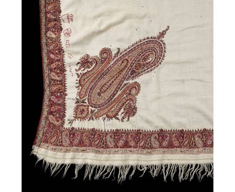 *Shawls. A large embroidered shawl, Kashmir, India, mid 19th century,  fine cream wool, hand-embroidered with multi-coloured 