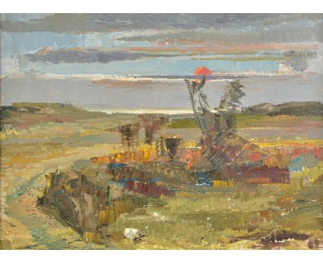 *Howard-Jones (Ray, 1903-1996). Estuary with Setting Sun,  oil on board, 37 x 50 cm (14.5 x 19.75 ins), framed  Rosemary "Ray
