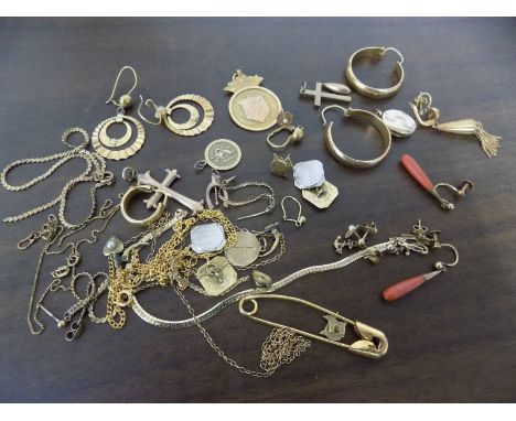 *Mixed Gold. Collection of 9ct gold,  including a watch chain fob, pair of earrings etc, total weight approximately 19g, plus