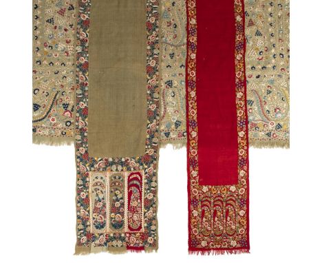 *Shawls. A large Delhi shawl, circa 1850s,  hand-embroidered green wool shawl, with central circular pattern with cornerpiece