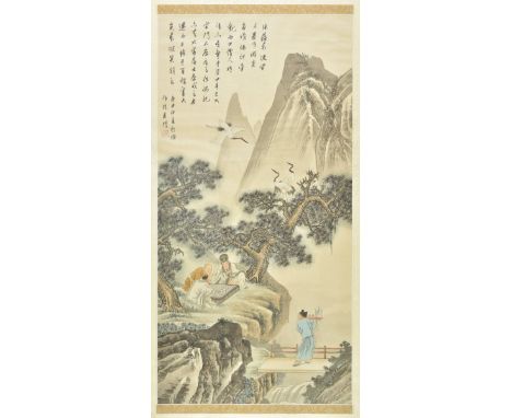 *Chinese School. Three male figures playing Go, with female attendant below within a mountainous landsape, early-mid 20th cen