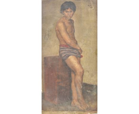 *De Morgan (Evelyn, 1855-1919). Portrait of a boy, 1874, oil on canvas, full-length study of a dark-haired young boy in a loi