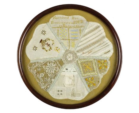 *Samplers. A doily sampler by Hyacinth Cox, Pensionnat des SND, Dinant, 1897,  six-sectioned petal-edged sampler, each sectio