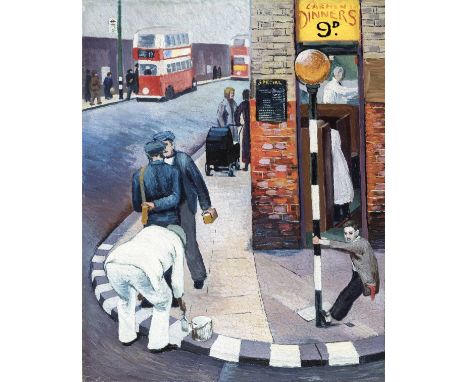 *Branson (Clive, 1907-1944). Street scene with figures, Battersea,  oil on canvas, laid down on wood, framed and glazed with 