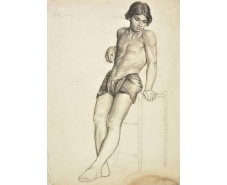 *De Morgan (Evelyn, 1855-1919). Male nude, charcoal on laid paper, full-length male nude wearing a loin cloth, leaning agains