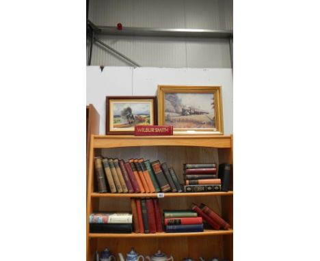 2 shelves of books including Winston Churchill, Treasure Library etc and 2 railway prints of a GWR steam engine and  BR Princ