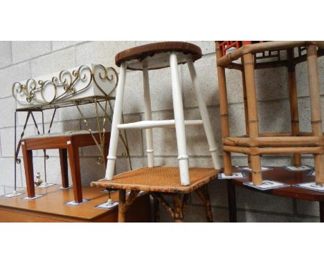 2 bamboo tables, a corner table, an upholstered stool, an oval stool and a metal planter.