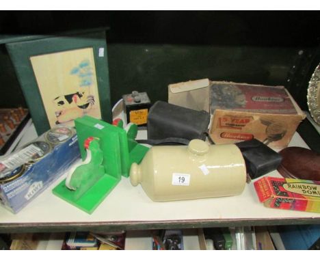 A mixed lot including key cabinet, retro hair dryer, pack of Kiwi blue marine shoe polish etc, one shelf.