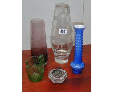 A Caithness Romeo & Juliet vase, a spiral vase, Victorian vaseline jug etc.,