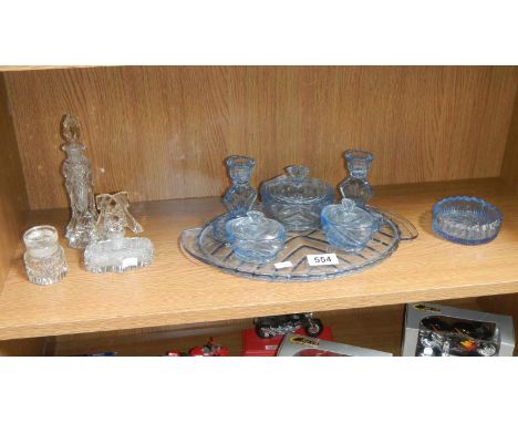 A blue glass trinket set and other glass ware.