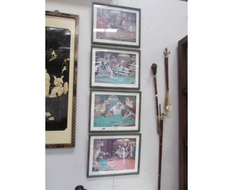 A set of 4 framed and glazed prints of anthropomorphic dogs playing snooker or billiards.  