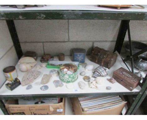 A shelf of miscellaneous boxes, sea shells etc.m