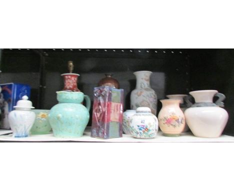 A mixed lot of vases, ginger jars etc, one shelf.