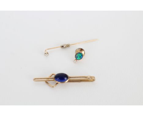 (3) Assorted Diamond Tie Pins/Clips 1) Krementz Gold Tie Clip with Imitation Sapphire Weight: 4.4 g  Length: 2 3/8 in 2) 14K 