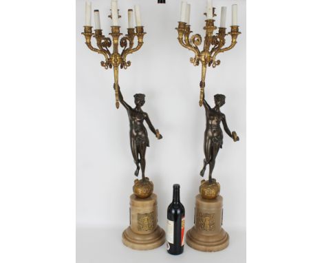 (2) Monumental Bronze French Empire Figural 6-light Candelabra. Height: 40 in.