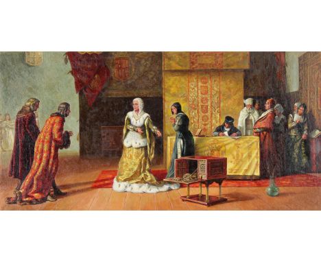 Gherman Alexeyvich Komlev (Russian, 1933 - 2000) "Queen Isabella of Spain Pledging Jewels" Signed and titled verso. Original 