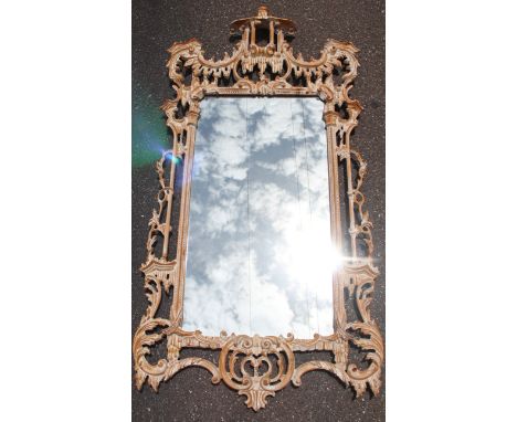 Vintage Chinese Chippendale Style Pagoda top  Mirror.  Pickled pine finish by Lebarge.  Overall size: 61 x 32 inches.