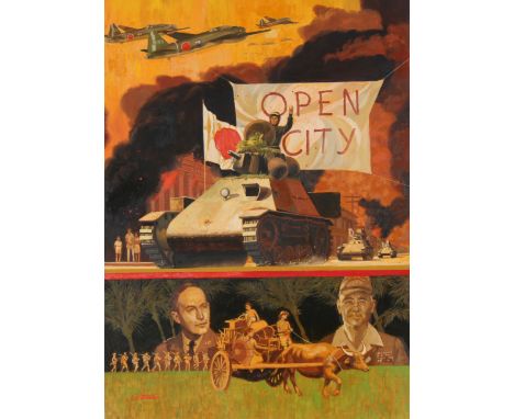 Shannon Stirnweis (American, B. 1931) "Fall of Manila to Japanese Forces" Signed lower left. Original Oil painting on Illustr