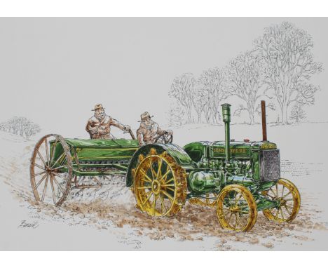 Basil Smith (British, B. 1925). "John Deere Tractor Model D 1929" Signed lower left. Original Water Color painting on Hot Pre