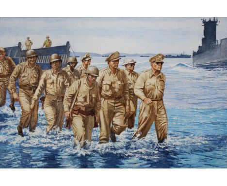 David K. Stone (American, 1922 - 2001) "MacArthur Returns to the Philippines" Signed lower right. Original Oil painting on Ma