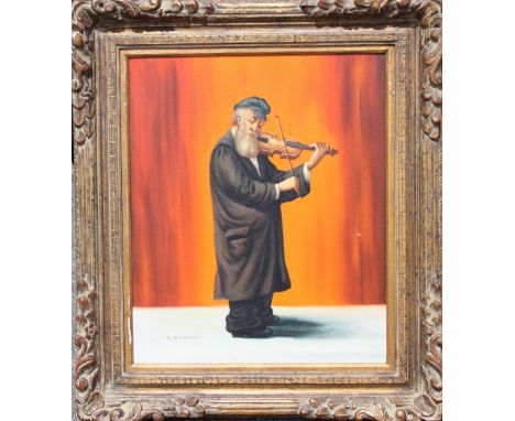 Abraham Straski (Poland, 1903 - 1987) Oil on  canvas painting of a Jewish Man w/ Violin.  Signed lower left.  Sight Size: 24 