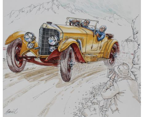 Basil Smith (British, B. 1925). "1913 Mercedes Automobile" Signed lower left. Original Mixed Media painting on Hot Press Illu