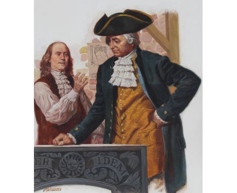 Shannon Stirnweis (American, B. 1931) "Philip Mazzei &amp; Ben Franklin" Signed lower left. Original Mixed Media painting on 