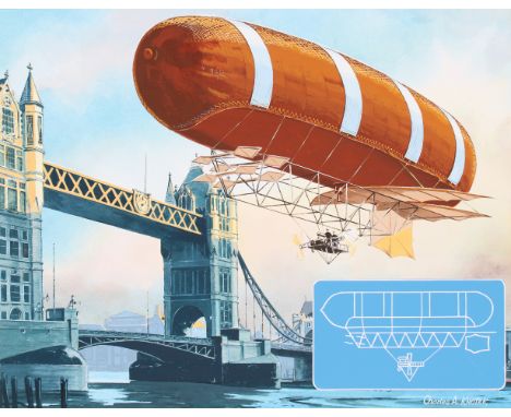Charles A Knotek (American, 1933 - 2008) "First Flight of British Army Airship" Signed lower right. Original Mixed Media Pain