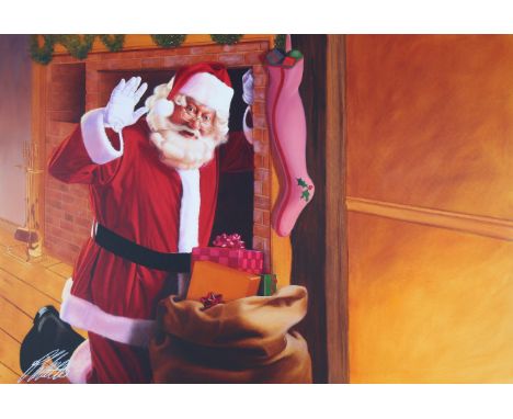 Ed Little (American, B. 1957) "Santa Claus Waving in Front of Chimney" Signed lower left. Original Oil painting on CanvasBoar