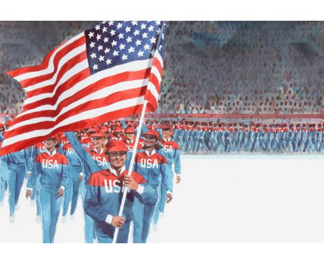 Tom McNeely (Canadian, B. 1935) "Flag with American Olympic Team" Signed lower left. Original Watercolor painting on Paper. P