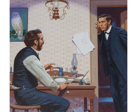 Ed Vebell (American, 1921 - 2018) "Bell Patents Telephone" Signed lower right. Original Acrylic painting on Masonite. Provena