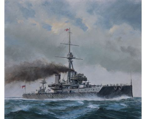 Charles J Lundgren (New York, Connecticut, 1911 - 1988) "H.M.S. Dreadnought" Signed lower right. Oil on Masonite. Provenance: