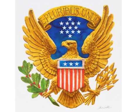 Chris Calle (American, B. 1961) "Wood Carving of American Eagle" Signed lower right. Original Mixed Media painting on Illustr