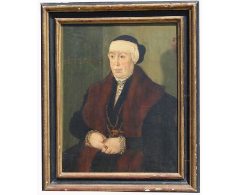 15th C. Old Master Portrait of a Woman. With a partial family crest (upper right). Oil on board. Several old labels attached 
