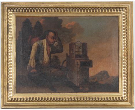17th C. Old Master Painting of Traveling Salesman with a bird in a cage. Oil on canvas. Appears to be unsigned, has not been 
