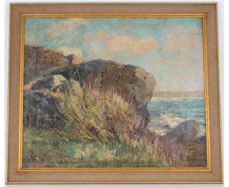 American School, Impressionist Coastal Seascape. Appears to be unsigned. Oil on canvas. Sight Size: 25 x 30 in.  Overall Fram