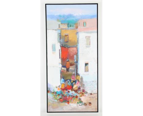 Oswaldo Ventura (20th C) "Retreat in Lima, Peru" Signed lower right. Oil on Canvas. Sight Size: 30 x 14 in.  Overall Framed S